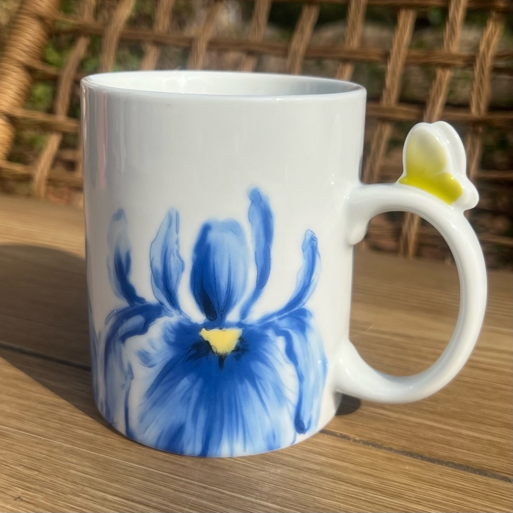 Purple IRIS Flower Floral Coffee Mug Tea Cup Porcelain Butterfly on Handle